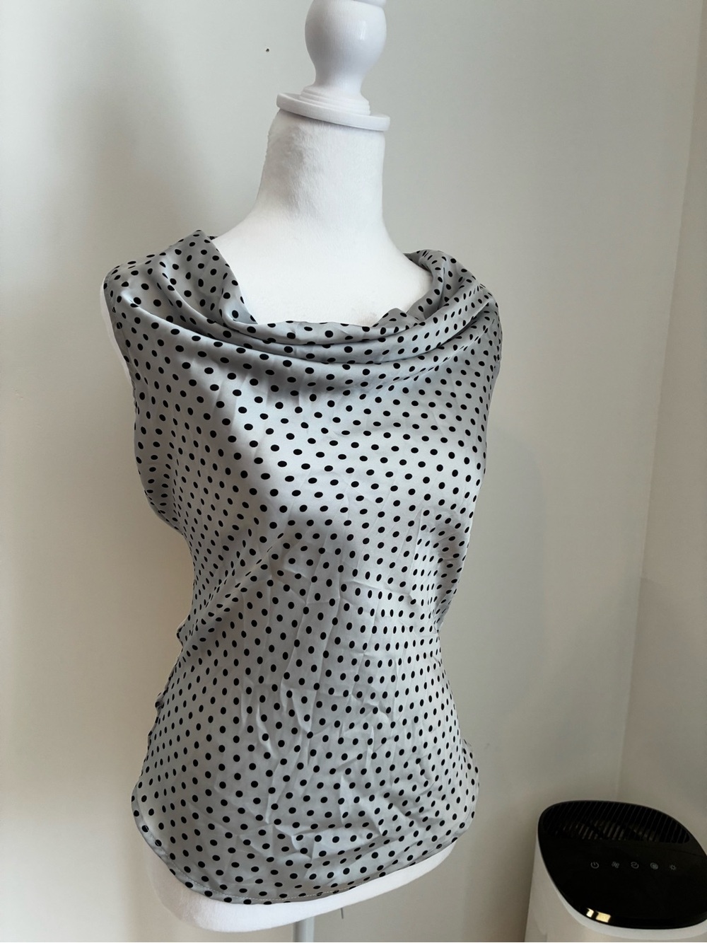 Silky Polka Dot Cowl Neck Blouse - Black on Light Gray